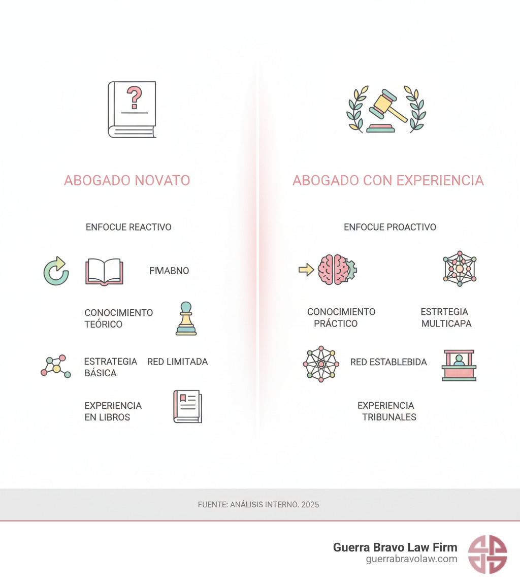 Infografía comparando abogado novato vs abogado con experiencia: enfoque reactivo vs proactivo, conocimiento teórico vs práctico, estrategia básica vs estrategia multicapa, red limitada vs red establecida, experiencia en libros vs experiencia en tribunales - Abogado con experiencia infographic