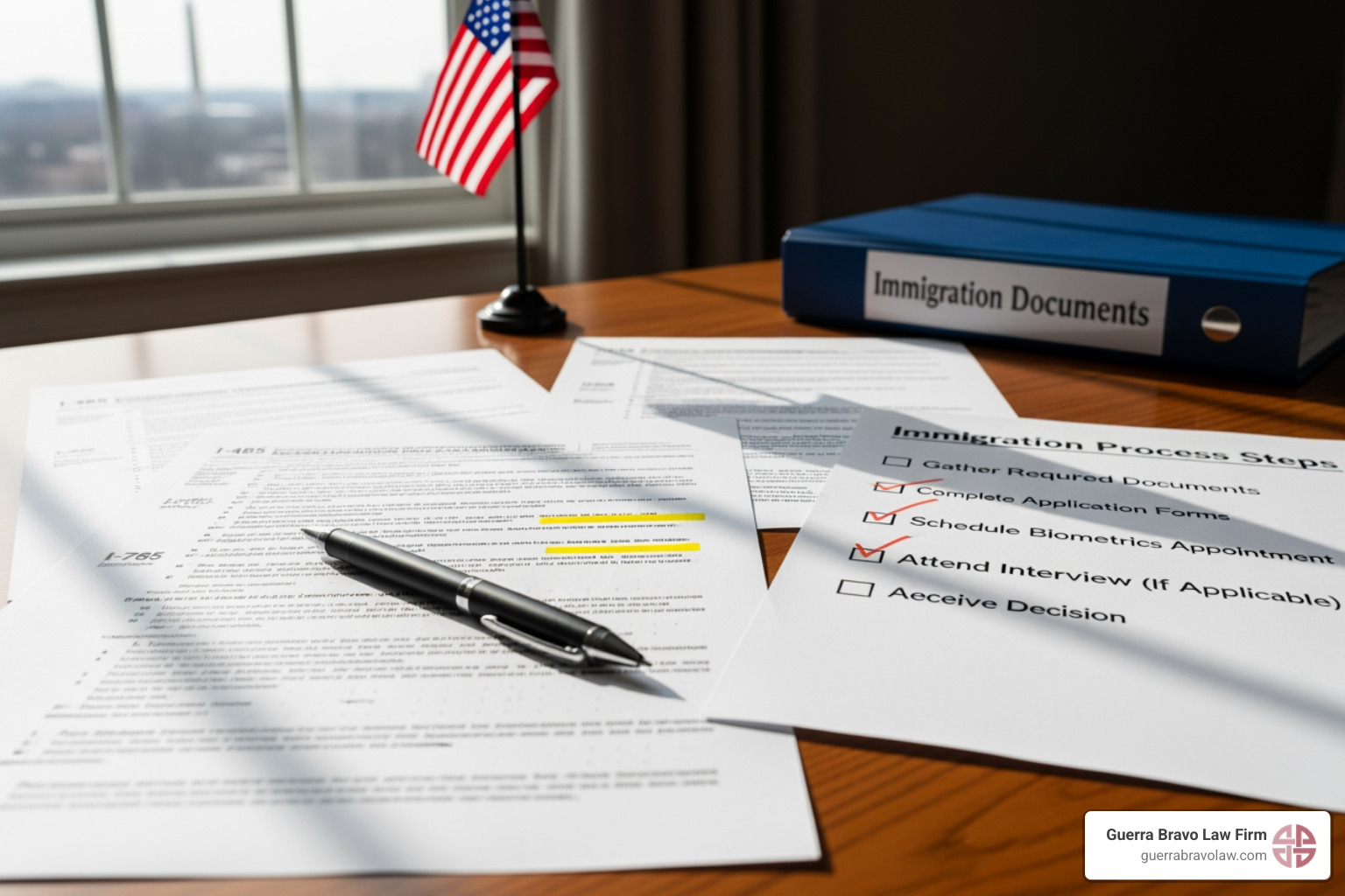 checklist with immigration-related items like "File I-485" and "Biometrics" - Ajuste de estatus