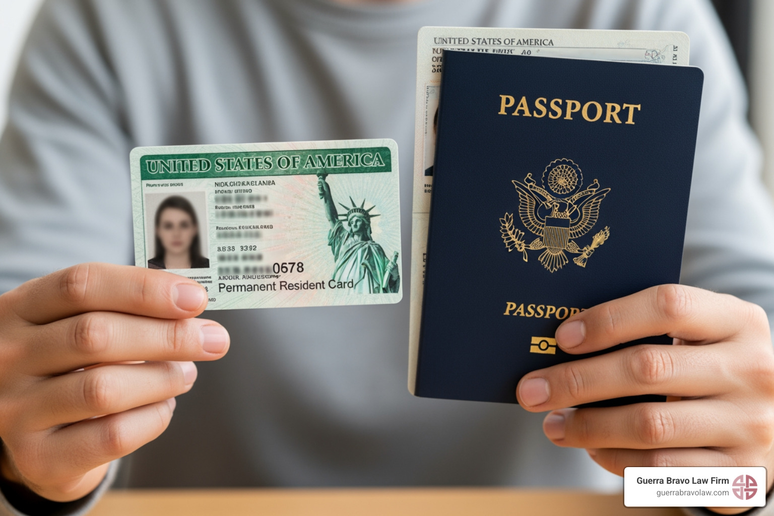 person holding a Green Card and a U.S. passport - Ajuste de estatus