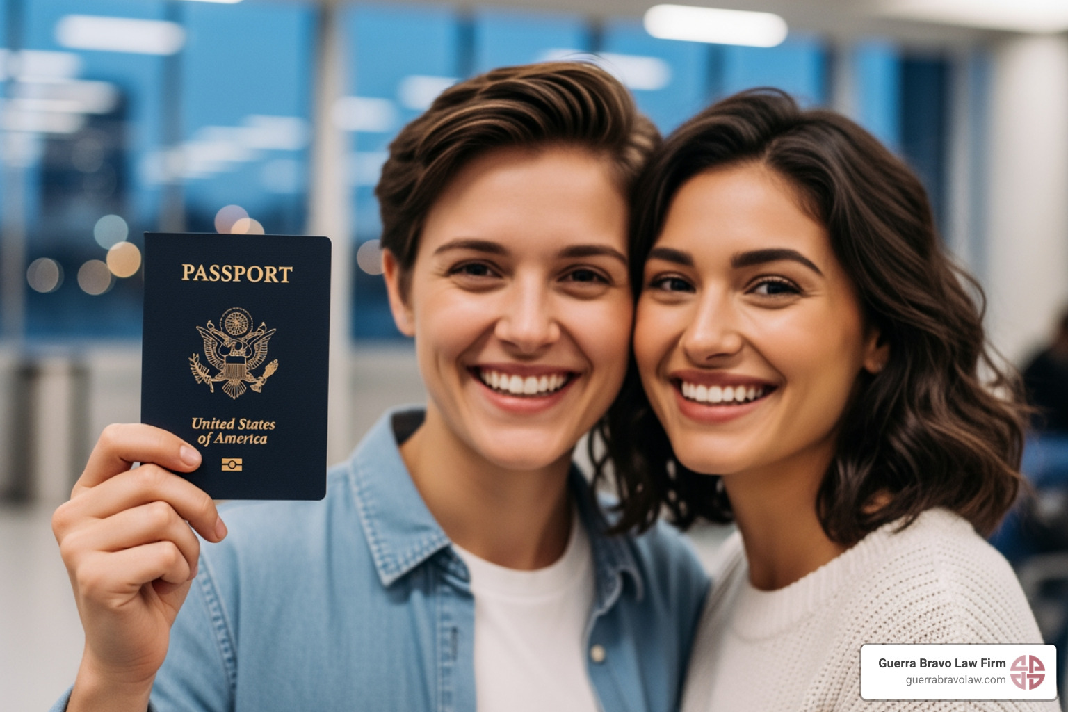 Pareja sonriendo, uno de ellos sosteniendo un pasaporte estadounidense. - Ciudadania por naturalizacion