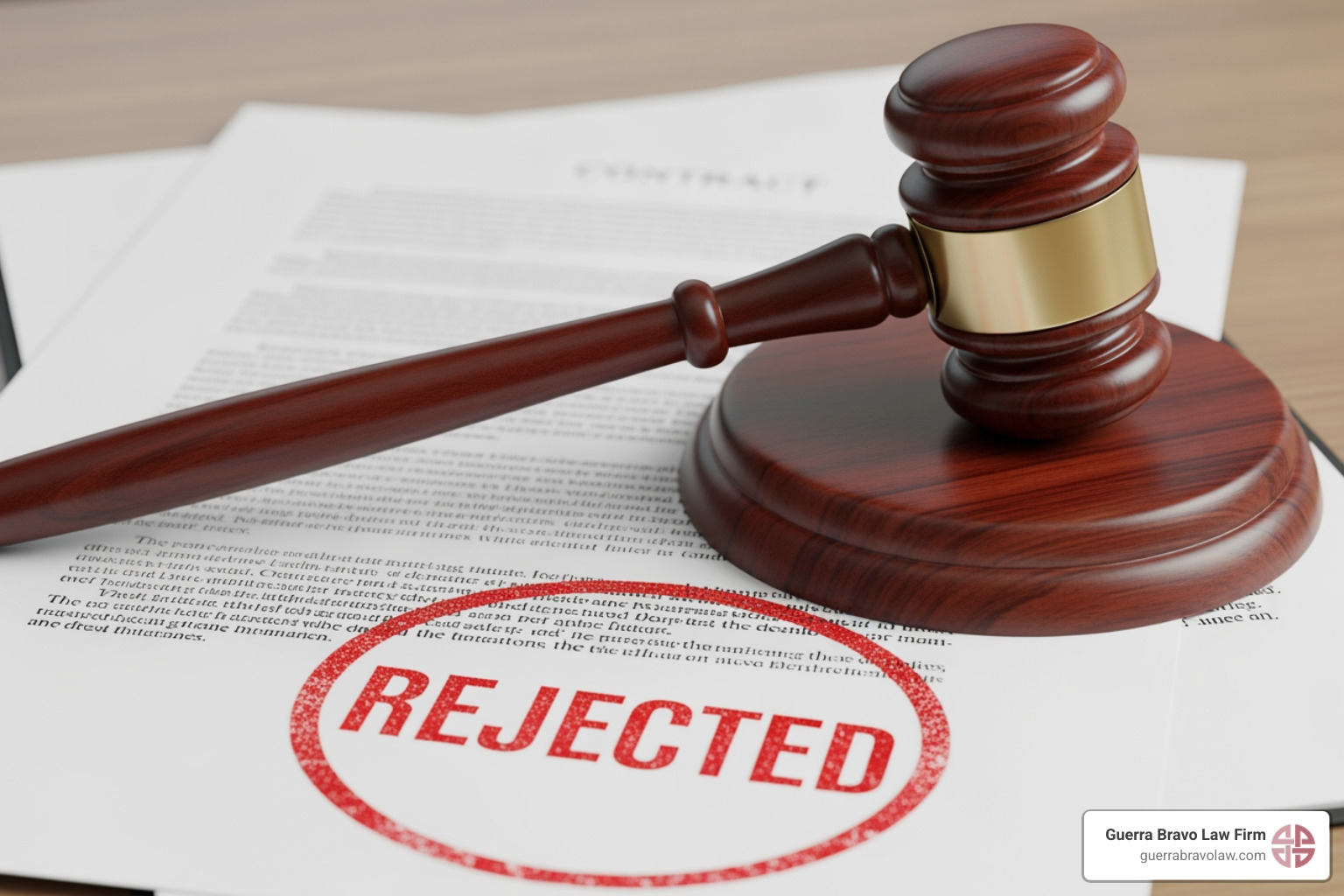 Image of a judge's gavel beside a document with a large red "DENIED" stamp - deportation waiver application