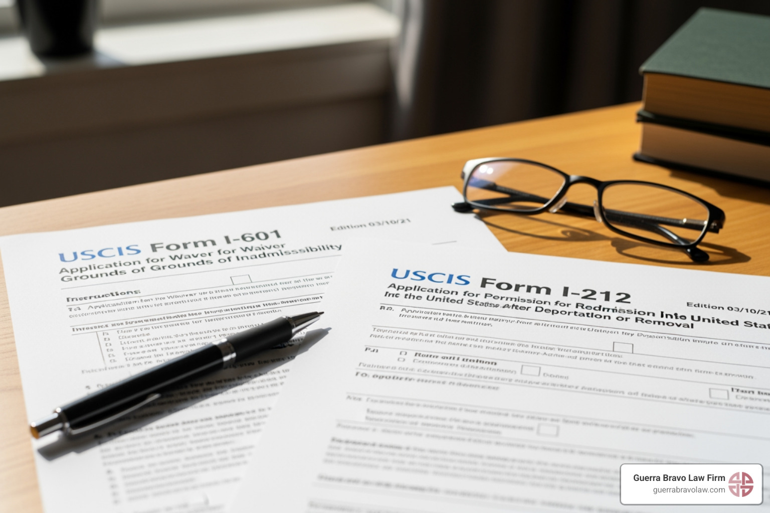 Side-by-side image of the front pages of USCIS Form I-601 and Form I-212 - deportation waiver application