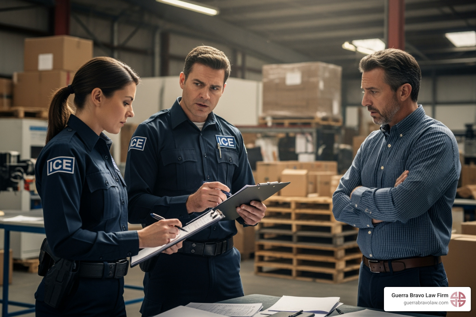 Image of ICE agents conducting a worksite inspection, with an employer looking concerned. - employer immigration compliance