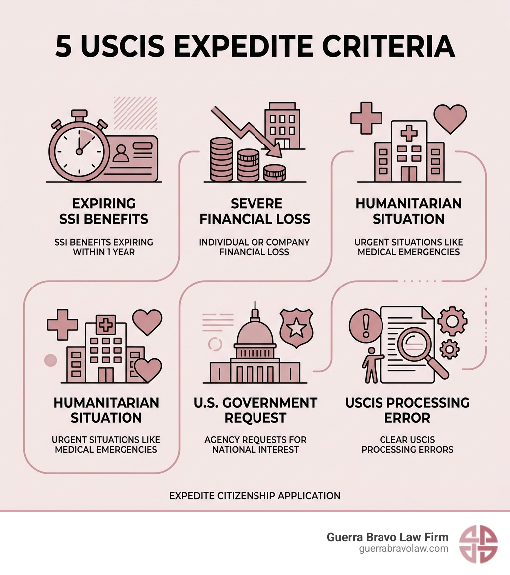 Infographic showing the 5 main USCIS criteria for expediting citizenship applications: SSI benefits expiring within one year, severe financial loss to individual or company, urgent humanitarian situations like medical emergencies, U.S. government agency requests for national interest, and clear USCIS processing errors - expedite citizenship application infographic