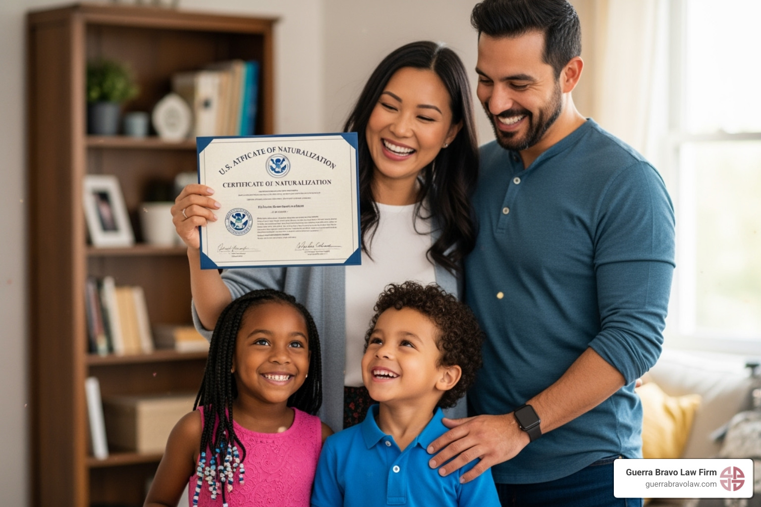Newly naturalized citizen holding their certificate with their family - expedite citizenship application