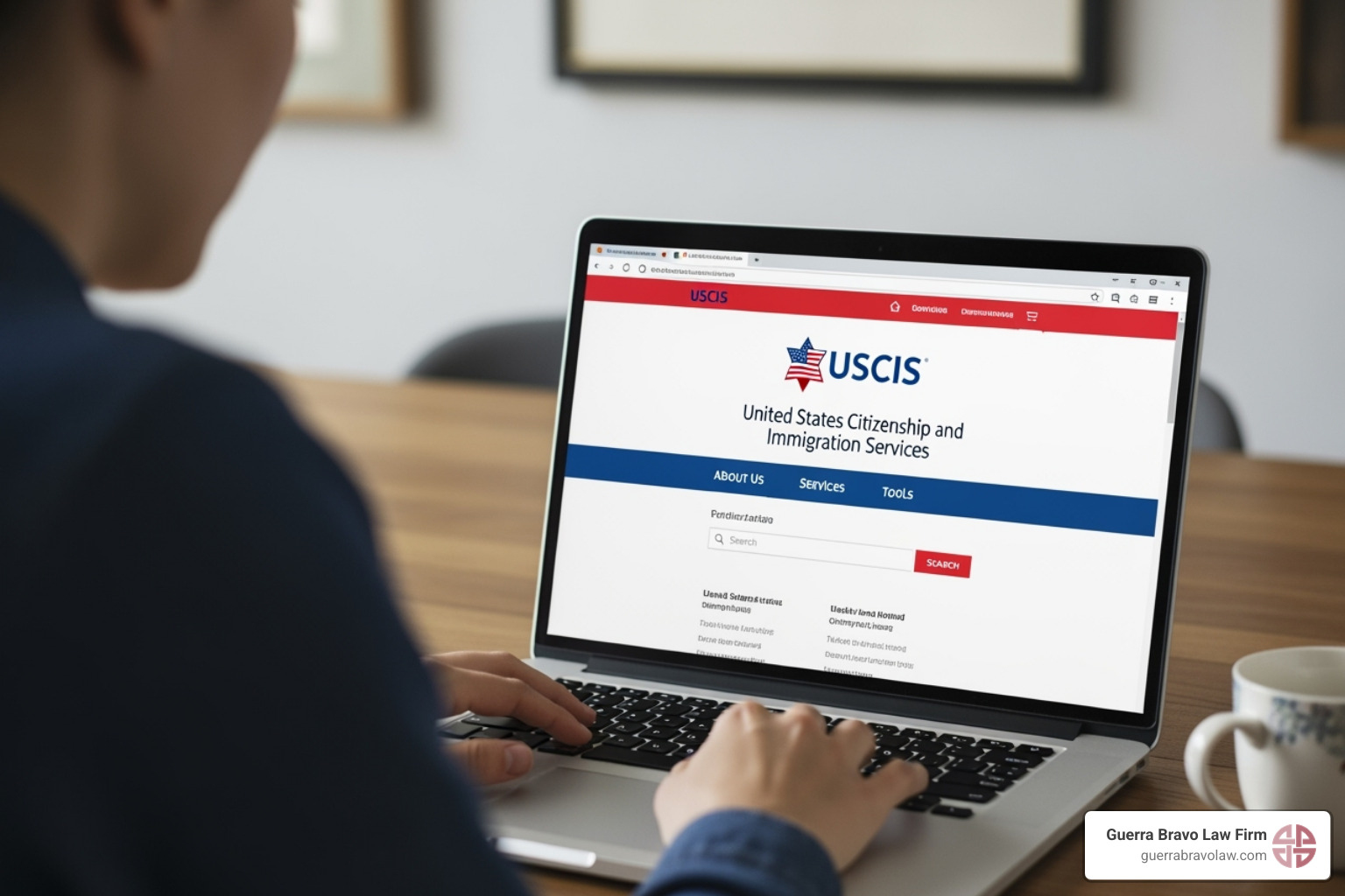 Person on a computer navigating the USCIS website - expedite citizenship application