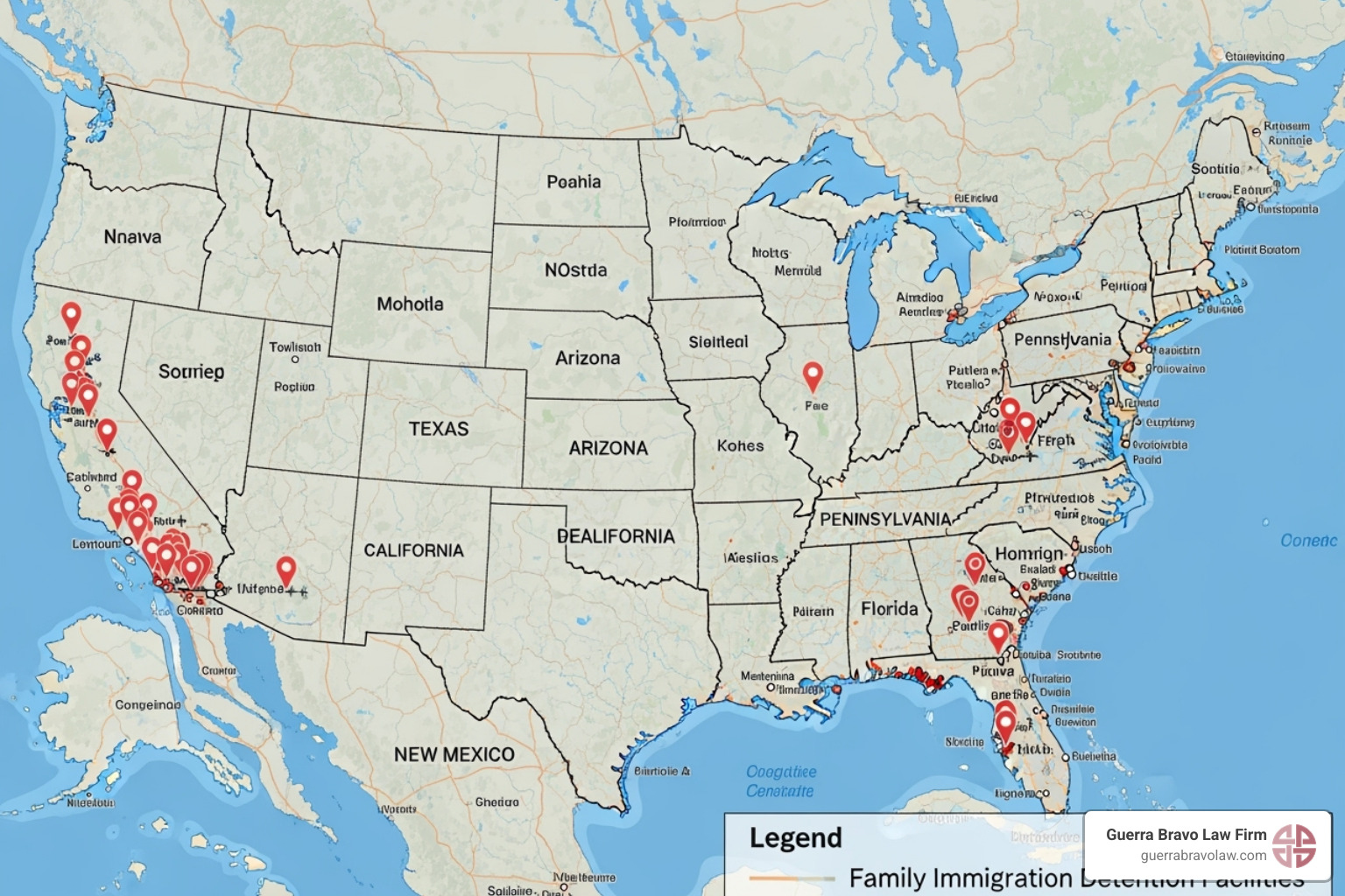 Map of family immigration detention facilities in the United States - family immigration detention in the united states