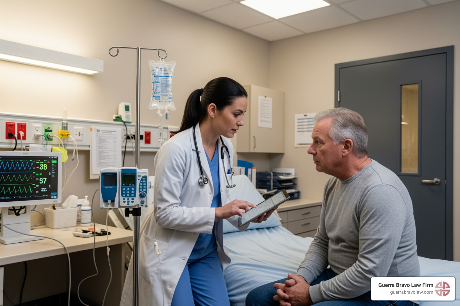 A doctor consulting with a patient in a sterile environment, representing medical emergencies. - Humanitarian parole lawyer