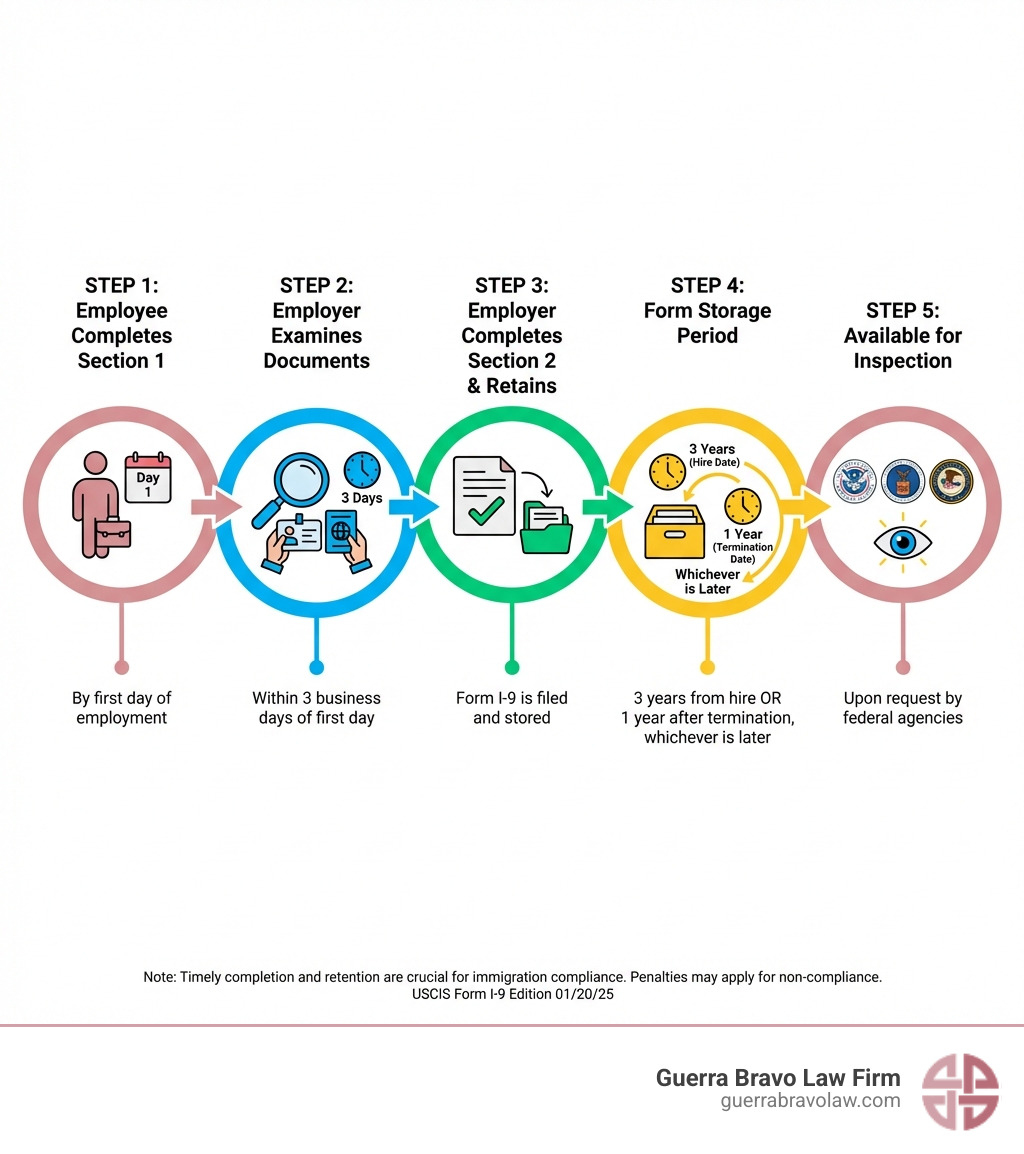 Infographic showing the Form I-9 completion timeline: Step 1 - Employee receives job offer and completes Section 1 by Day 1 of employment; Step 2 - Employer physically examines identity and work authorization documents within 3 business days; Step 3 - Employer completes Section 2 and retains form; Step 4 - Form stored for 3 years from hire date or one year after termination, whichever is later; Step 5 - Form made available for inspection by DHS, DOL, or DOJ upon request - immigration compliance form infographic