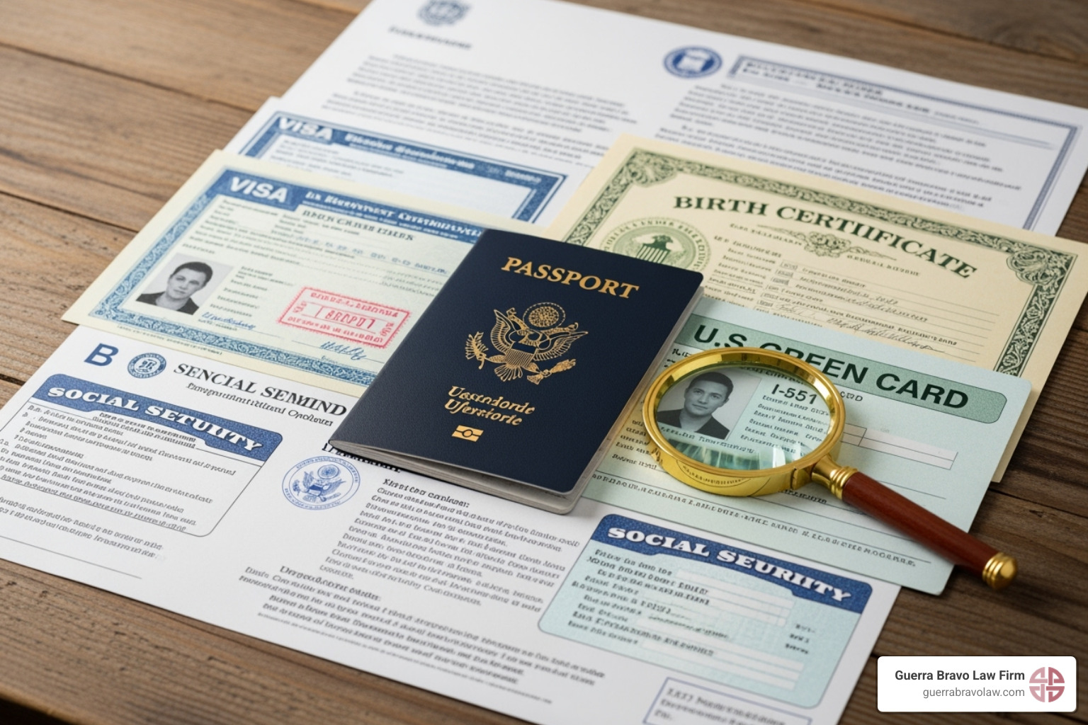 A graphic showing various immigration documents, such as passports, green cards, and birth certificates, with a magnifying glass over them, symbolizing the need for accurate documentation - how much does a lawyer charge to apply for citizenship