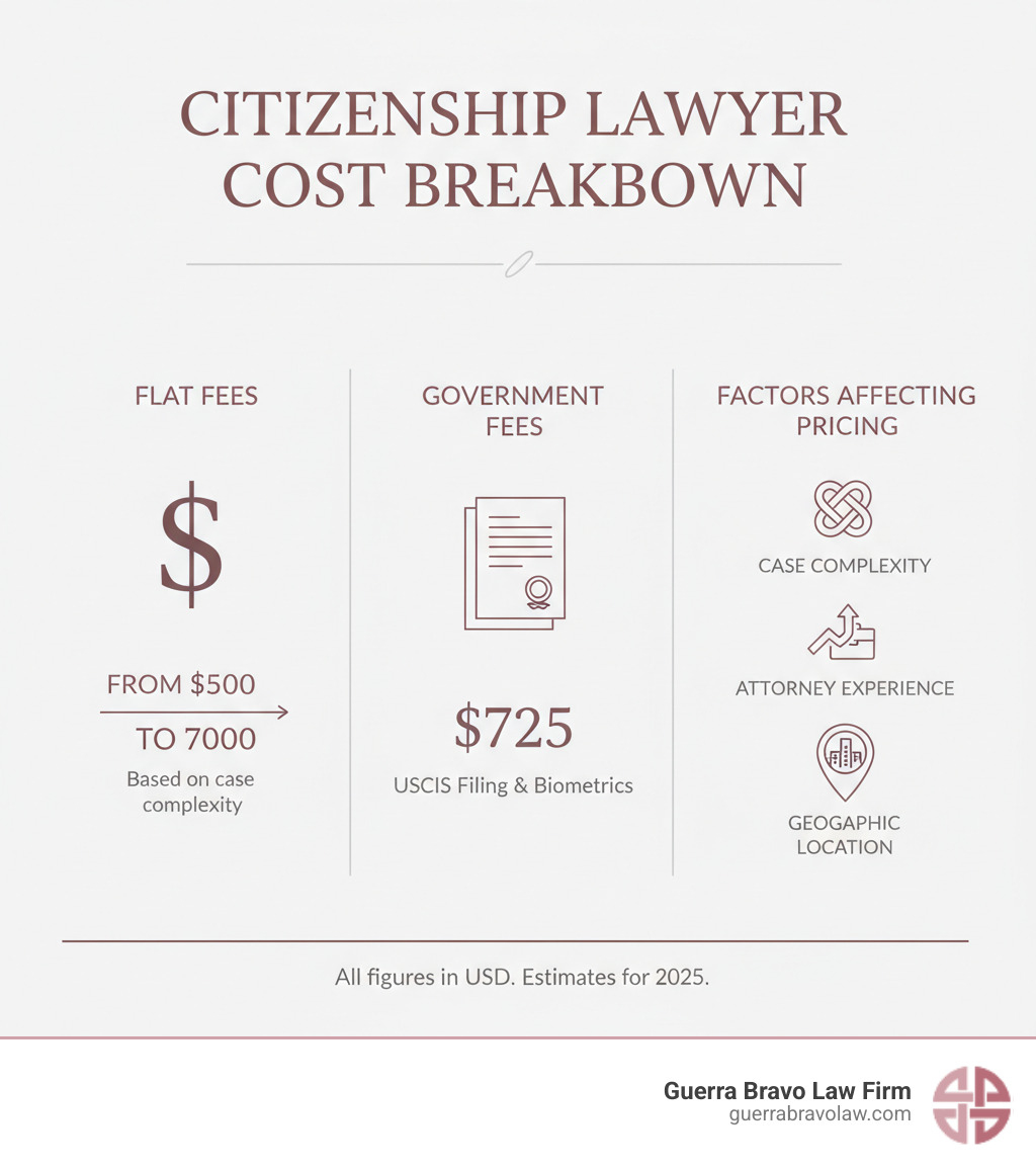 Citizenship lawyer cost breakdown showing flat fees ranging from $500-$7000, government fees of $725, and factors affecting pricing including case complexity, attorney experience, and geographic location - how much does a lawyer charge to apply for citizenship infographic