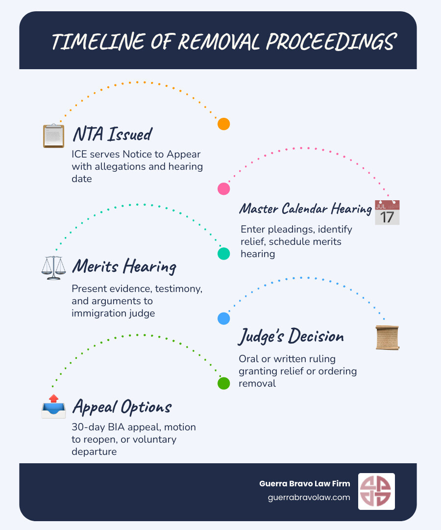 Timeline of removal proceedings from NTA issuance to final decision and appeal options - stop removal proceedings