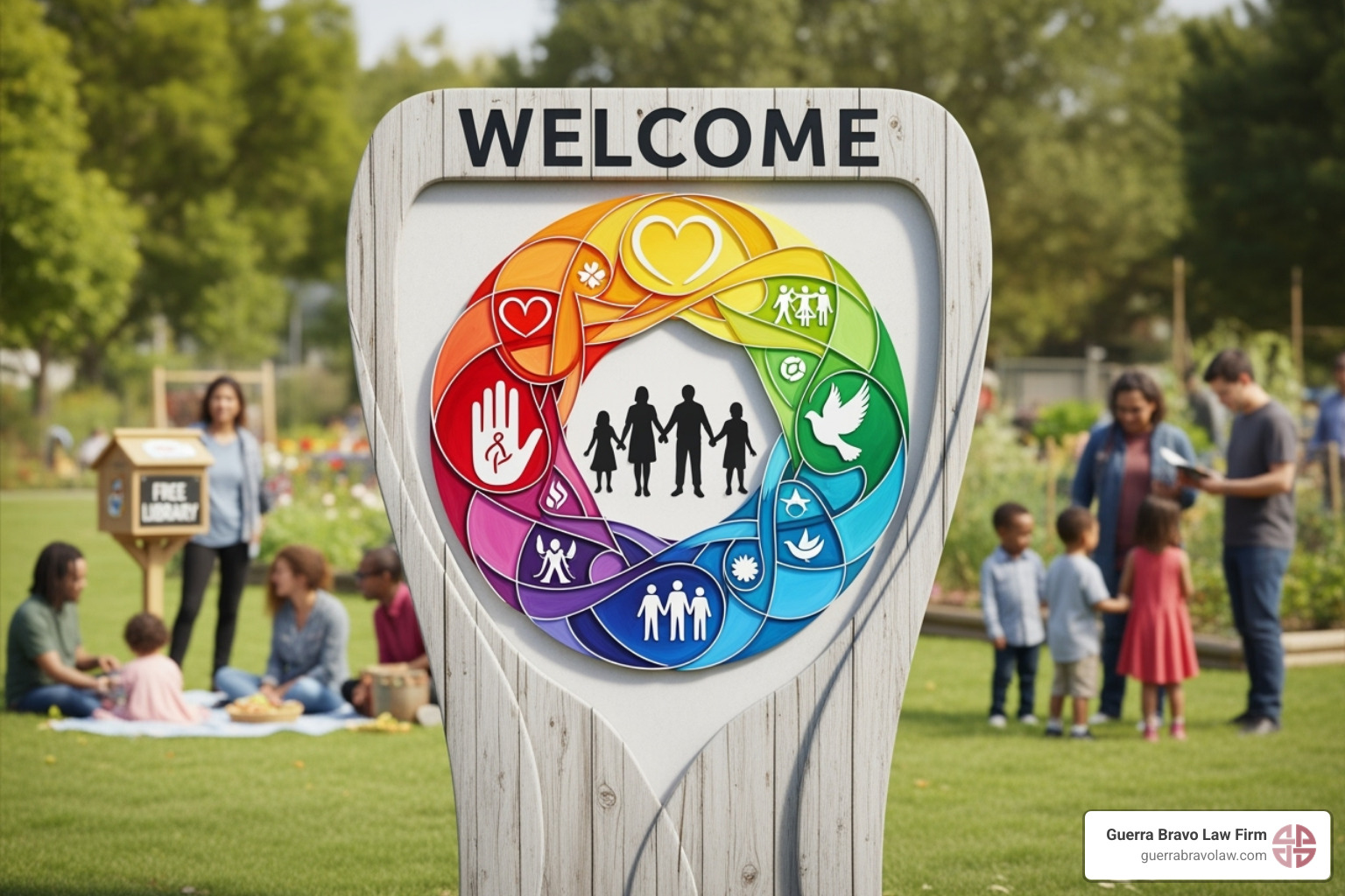 A stylized welcome sign for refugees in multiple languages - US immigration law A stylized welcome sign for refugees in multiple languages - US immigration law