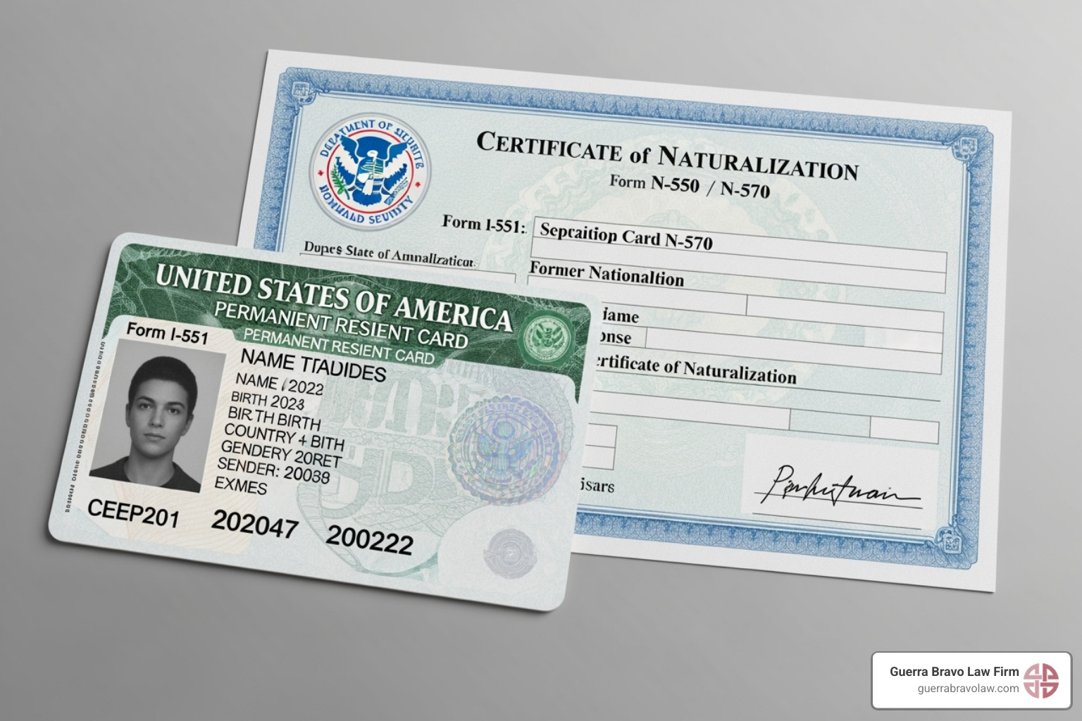 Image showing a U.S. Green Card and a Certificate of Naturalization side-by-side - US immigration law Image showing a U.S. Green Card and a Certificate of Naturalization side-by-side - US immigration law