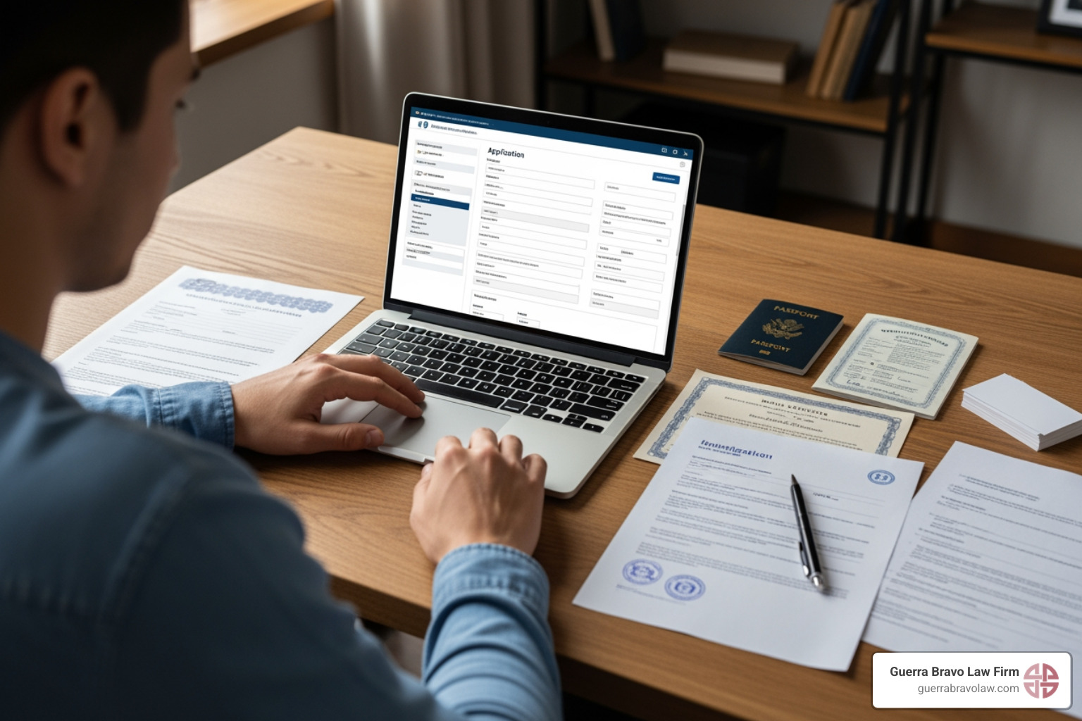 A person filling out an online application form (DS-160) on a laptop, with immigration documents scattered on the desk - visitor visa lawyer